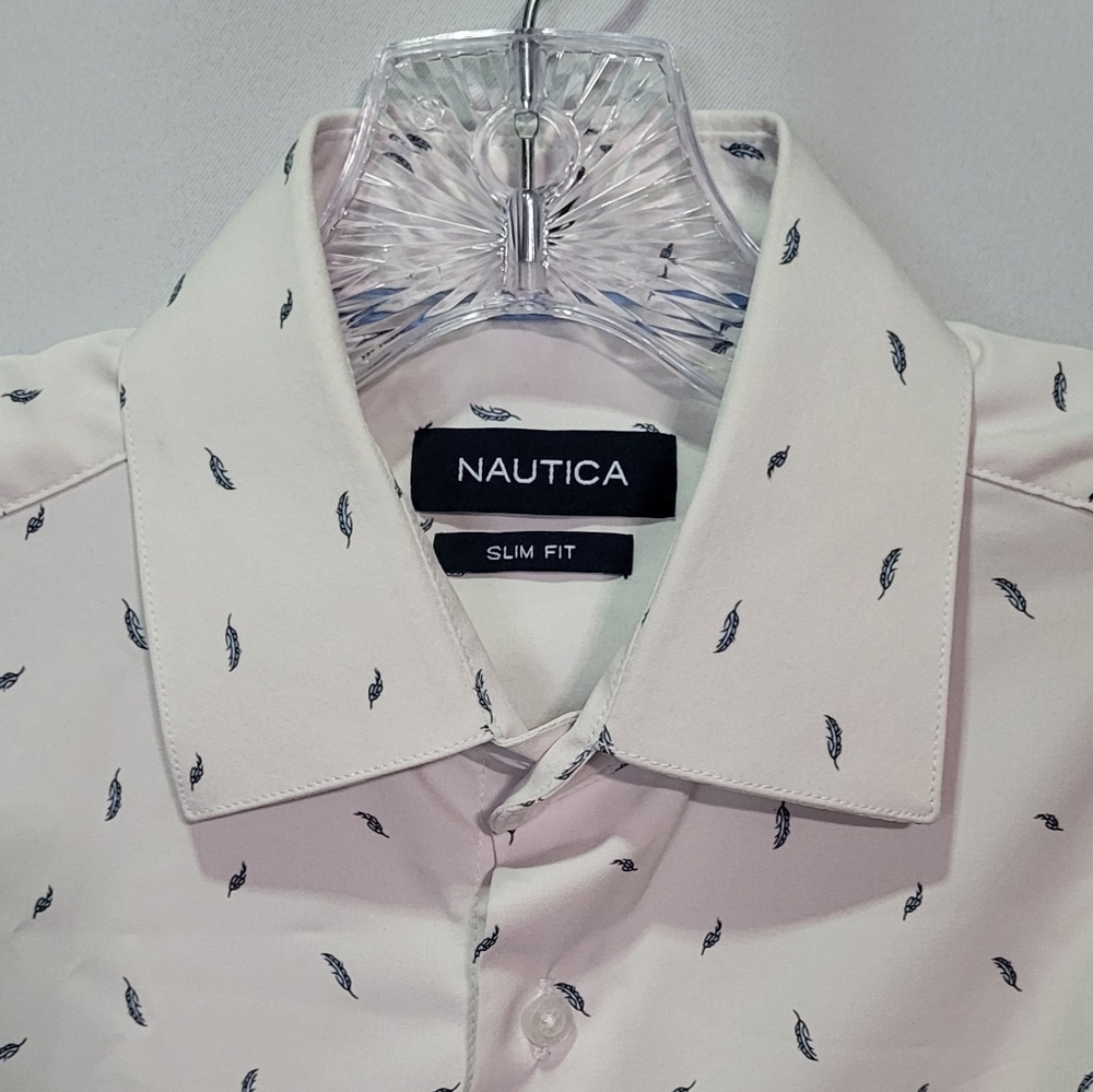 Nautica Men's White Leaf Print Short Sleeve Slim Fit Dress Shirt Small 14/14.5 - Picture 3 of 6